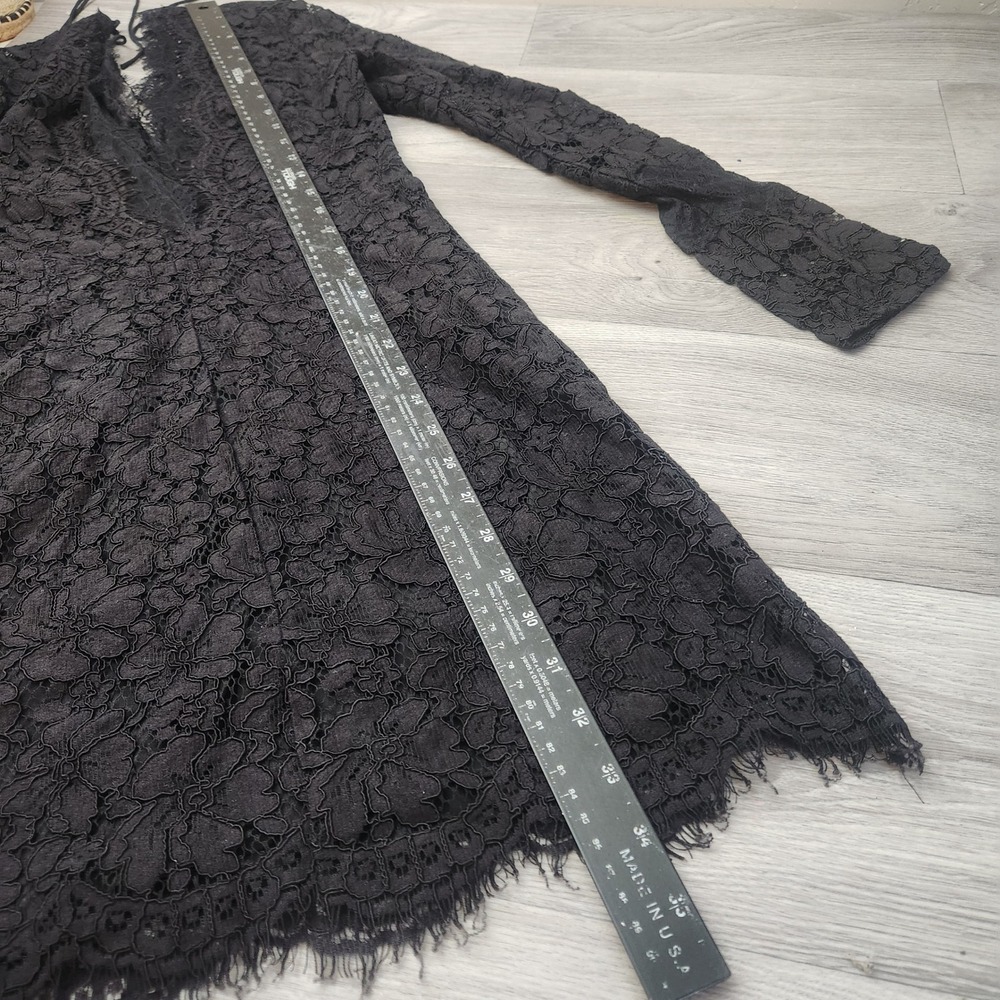 Sandro Black Lace Mini Dress Size 2 V-Neck Open Back Eyelash Trim Cocktail - Picture 8 of 15